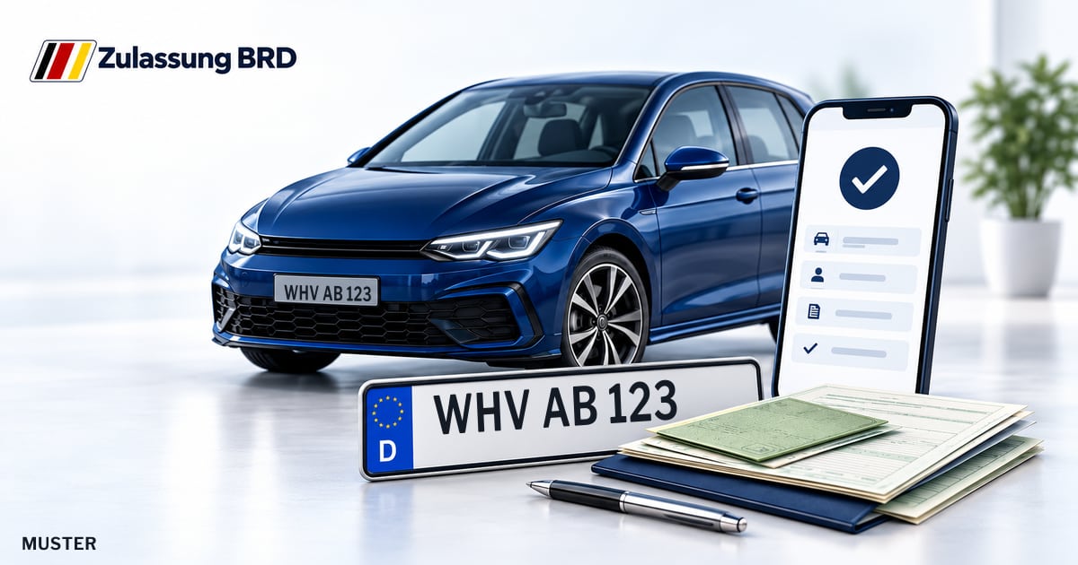 Online Fahrzeugzulassung in Wilhelmshaven: Musterkennzeichen WHV AB 123, Auto und Fahrzeugpapiere und Smartphone. Illustration mit Logo von Zulassung BRD.